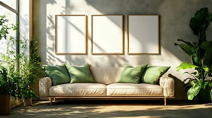 Sunlit living room with beige sofa, three blank frames, and lush green plants.
