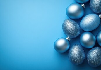 Elegant Arrangement of Blue Decorative Eggs with Sparkling Texture on a Soft Blue Background for Festive Celebrations and Seasonal Decor