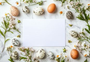 Elegant Arrangement of Decorative Eggs Surrounded by Fresh Flowers on a Marble Surface for Spring Celebrations and Seasonal Promotions