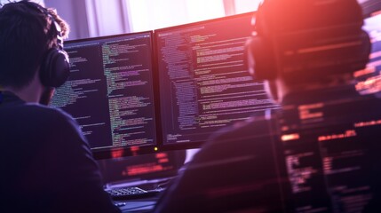 Two Programmers Collaborating in a Modern Office Environment with Dual Monitors Displaying Lines of Code and Data Analysis in a Tech Workspace
