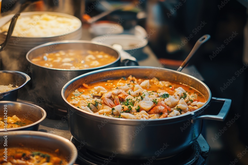 Canvas Prints A close-up of a flavorful seafood curry simmering in a pot, showcasing vibrant colors and fresh ingredients.