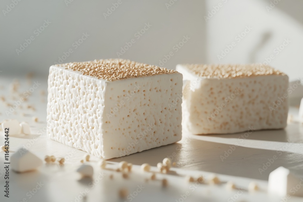 Poster two square marshmallows with a sprinkling of sesame seeds, creating a cozy and inviting scene.