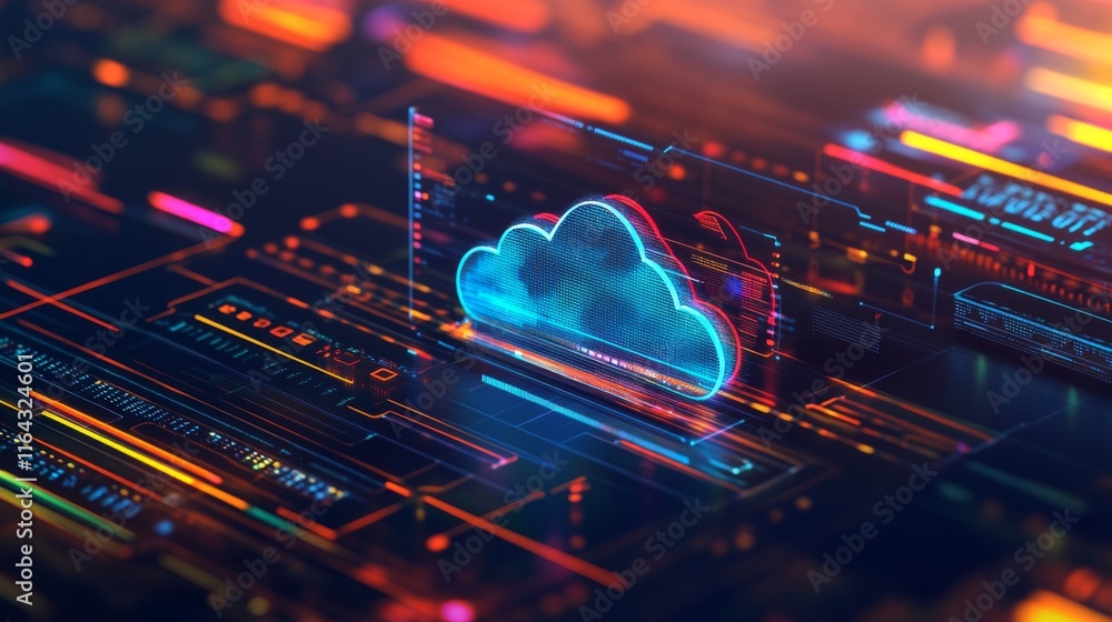 Poster vibrant digital cloud computing concept with neon lights and futuristic technology interface represe