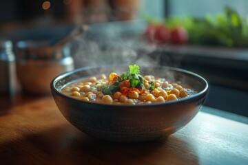 Steaming bowl of chickpea curry garnished with fresh herbs, radiating warmth and flavor.