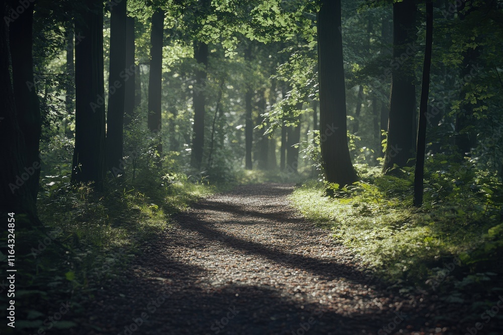 Poster a tranquil forest pathway illuminated by soft sunlight filtering through the trees.