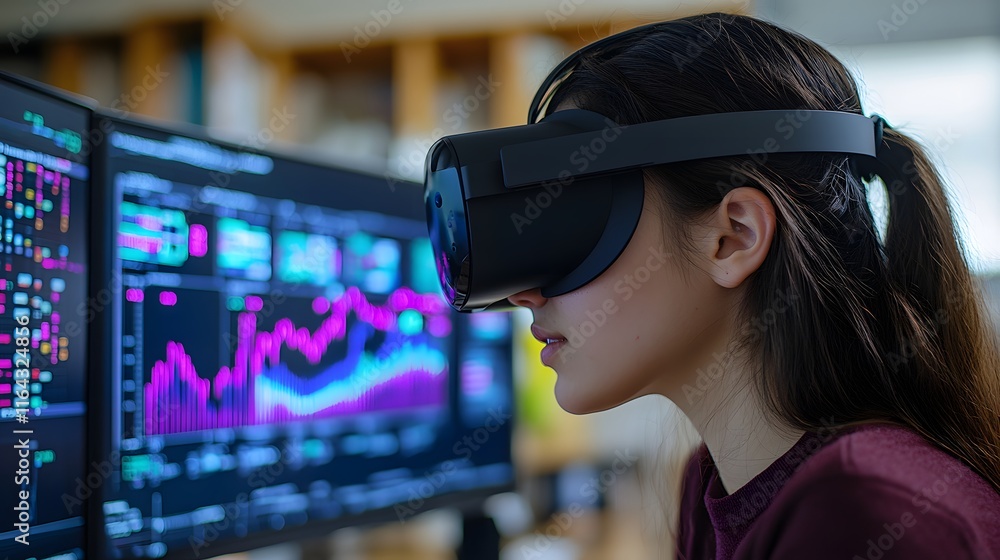 Poster woman using vr headset analyzing data on multiple screens