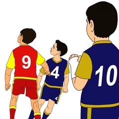 Fototapeta premium Three boys wearing soccer uniforms with numbers 9, 4, and 10 are shown facing away, seemingly focused on a game. 