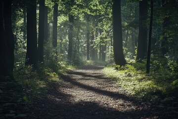 Obraz premium A tranquil forest pathway illuminated by soft sunlight filtering through the trees.