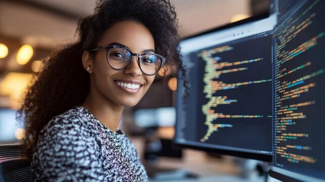 Young woman smiling and working on a computer, displaying vibrant code on the screen in a modern tech workspace, showcasing programming skills and creativity.