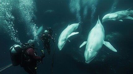 Fototapeta premium Divers Encountering Majestic White Whales Underwater