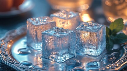 A close-up of ice cubes on a silver plate with water droplets, creating a refreshing ambiance.