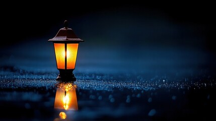   A streetlight atop a damp ground near a puddle in the dead of night