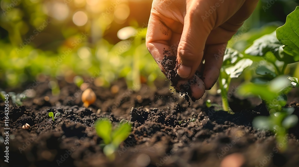 Wall mural Hand planting seedlings in fertile soil. Gardening, agriculture and ecology concept