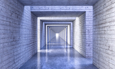 Fototapeta premium Long concrete corridor leading to bright light at the end