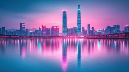 Fototapeta premium Vibrant city skyline reflecting on water at dusk.