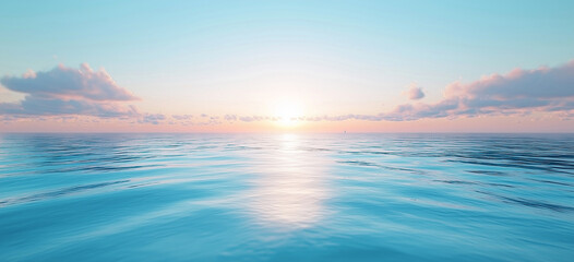 Fototapeta premium Beautiful sea horizon at dusk, calm water and clear sky, summer vacation background, panoramic view. The vast ocean is bathed in the soft glow of twilight as it meets the distant horizon.