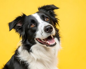 Fototapeta premium Close-up portrait of a happy Border Collie on a yellow background, perfect for pet shop ads and animal care promotions.