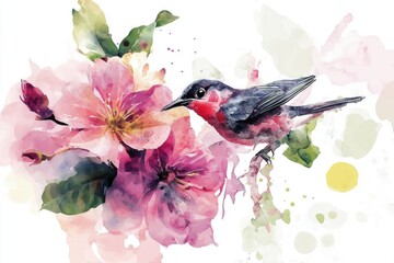 A picture of a bird perched on the branch of a flower, possibly a peaceful scene