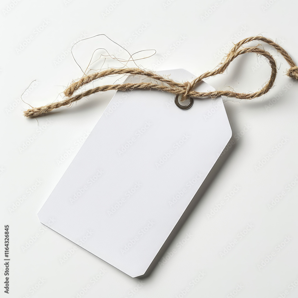 Poster a blank white tag with a twine string, used for labeling or pricing items. isolated on white backgro