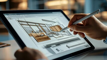 A person sketches a modern interior design on a digital tablet. - Powered by Adobe