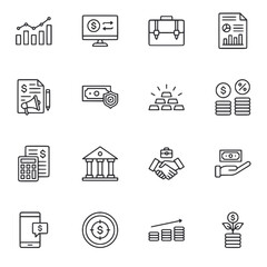 A set of financial icons including a bank, a calculator, a dollar sign