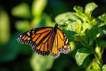 Naklejka premium Close-up shot of a butterfly perched on a green leaf