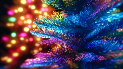 Multicoloured decorated Christmas tree on a dark background Neon vivid colourful lights. New Year 2025 greeting card. Festive decor. Winter holidays.
