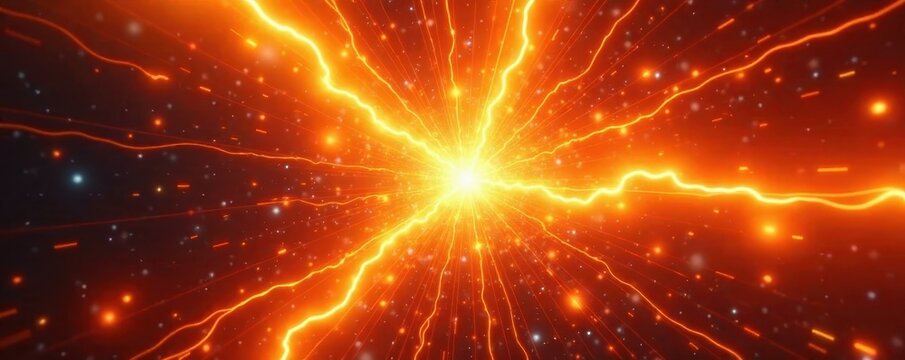Bright orange and yellow energy bursts, radiating outwards , dynamic, powerful, destruction