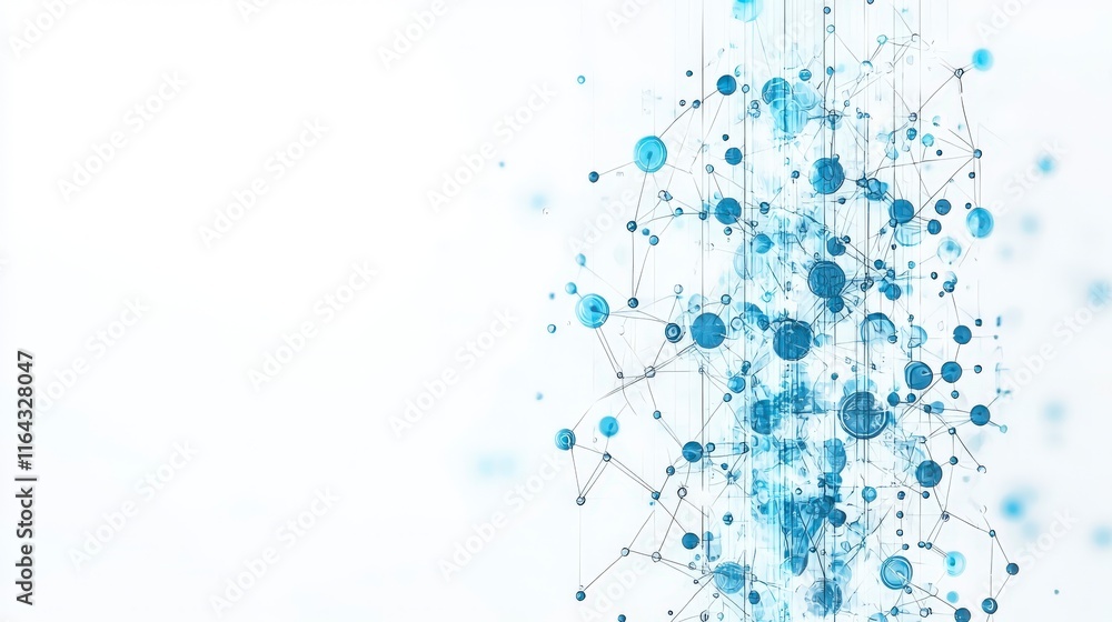 Poster abstract technology background with interconnected blue dots, illustrating connectivity and data flo