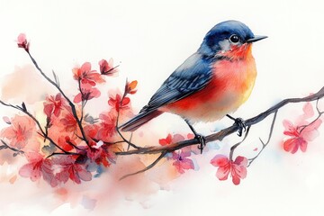 Watercolor illustration of a bird perched on a branch, delicate and colorful
