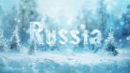 A snowy landscape with trees and the word Russia written in the snow. Concept of winter wonderland and the beauty of nature