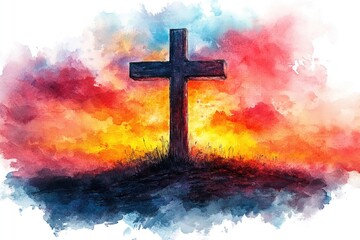 A watercolor painting of a cross standing tall on a rolling hill