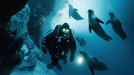 Underwater Diver Encounters Curious Seals In Deep Ocean