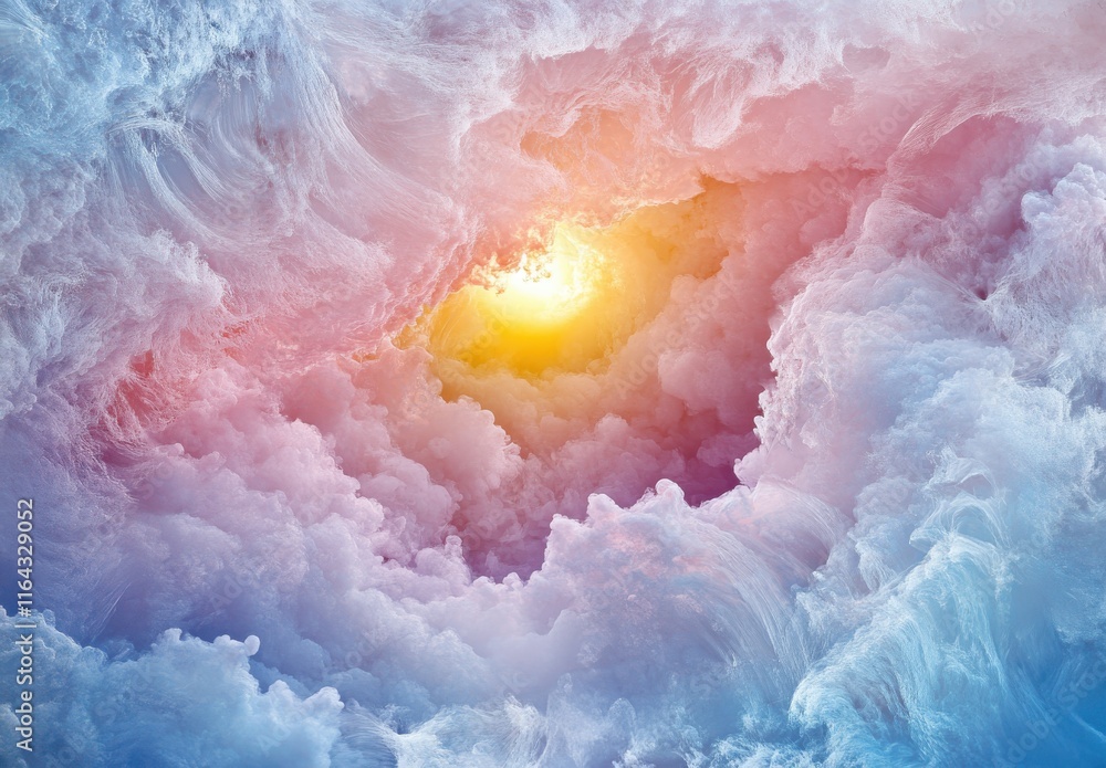 Poster ethereal swirls of colorful clouds with radiant light emerging from a center, creating a dreamlike a