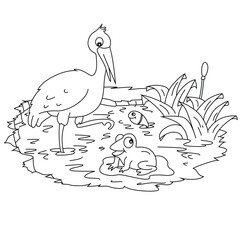 Cute cartoon hand drawn vector heron catching fish in pond coloring page.