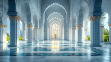 Obraz premium Serene mosque interior with marble floors, arched hallways, and ornate pillars, bathed in soft sunlight.
