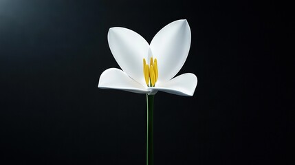 Obraz premium A white flower with a yellow center and a black background, featuring a prominent stem and small spot