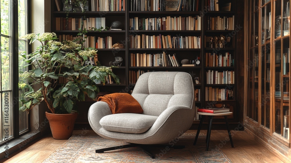 Aufkleber a snug reading corner features a contemporary chair next to a vibrant plant. bookshelves lined with 