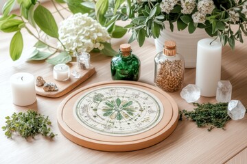Astrological chart for the spring equinox surrounded by crystals, herbs, and candles in a serene setting