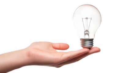 Light Bulb Held in a Hand Symbolizing Ideas and Innovation on white or transparent background.