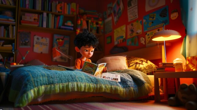 A boy is reading a book in a bedroom with a lamp on. The room is decorated with posters and bookshelves filled with books