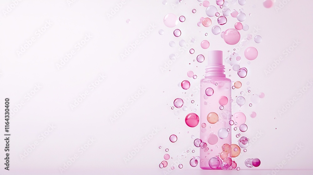 Poster a bottle overflowing with numerous bubbles, placed on top of a pink surface and framed against a bac