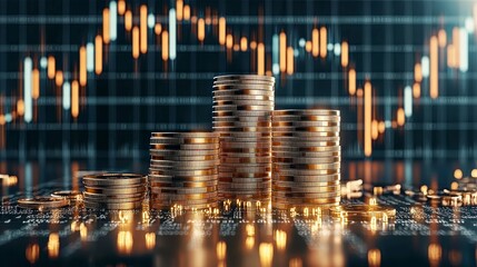 Close-up of gold coins stacked on a financial chart background, representing wealth, investment, and economic growth.