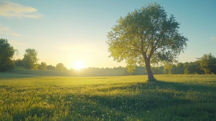 Obraz premium Green grass field lawn with tree and yellow sunlight against blue sky. Green Meadows Beautiful Journey Through Nature Great as a background, web banner