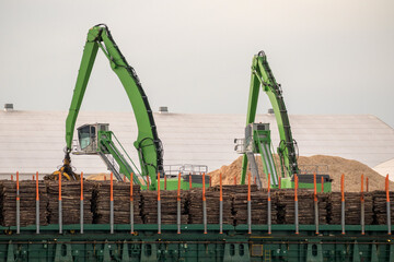 Two cargo cranes with stacked wooden logs