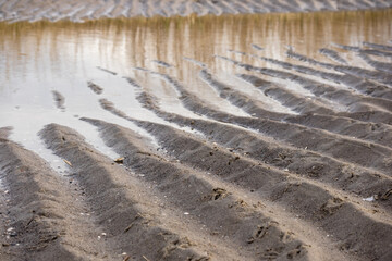 
Wind blown sand waves on the beach with water background