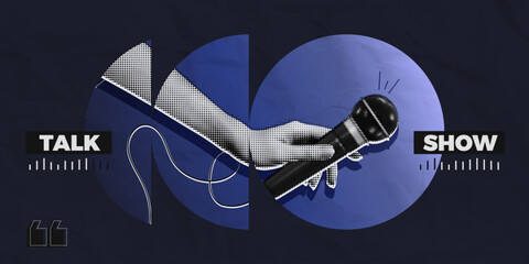 Trendy Halftone Collage Hand holding studio microphone. Talk show and interview. Podcast broadcast and radio news. Karaoke poster. Open mic festival. Contemporary vector illustration art