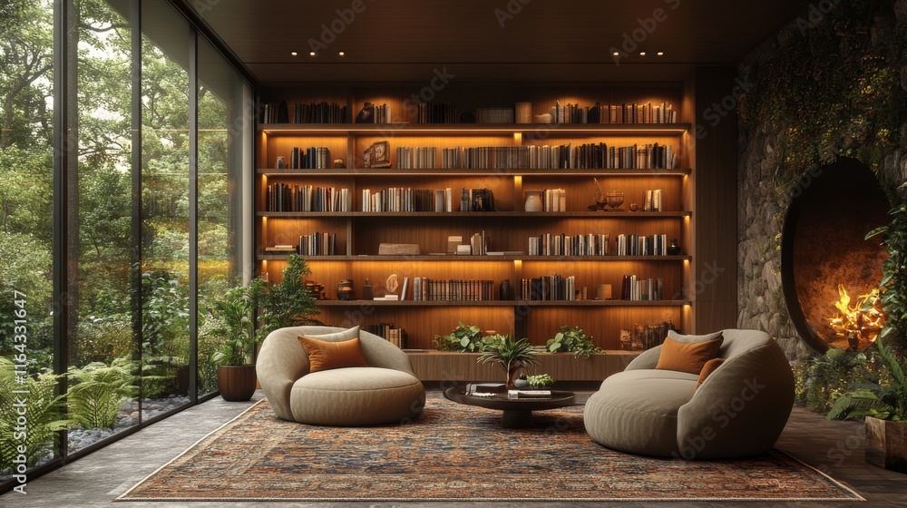 Poster A comfortable space featuring two plush chairs facing a coffee table, surrounded by lush greenery visible through large windows, with a warm fireplace adding to the ambiance.