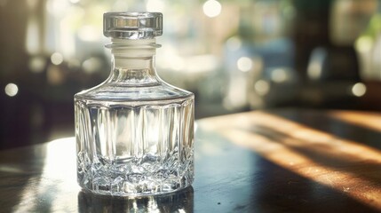 A glass bottle placed on a wooden table