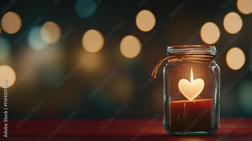 Poster a candle in a jar with a heart-shaped cutout and string lights in the background